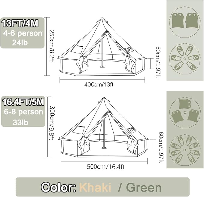 Backpacking Bell Tent with Top Stove Jack for All Year Living, 300D Oxford Waterproof Yurt Tents House for Camping Glamping, Parties, Outdoor Events-13/16.4FT