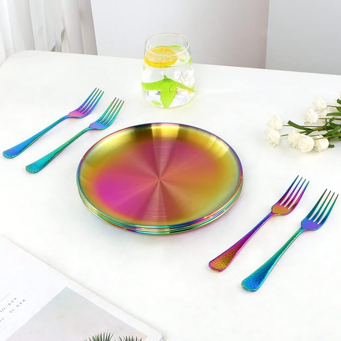 Dinner Plates Set with knife, fork，spoon,Stainless steel tableware，colourful metal dessert salad and steak plate, Services for 4,dinner camping, unbreakable & reusable (11.8inch)
