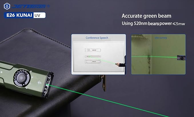 JETBeam E26 UV Kunai 1800 Lumens EDC Flat Flashlight,Rechargeable Compact Pocket Light Combines White Light,1300 mW UV Flashlight,and Green Beam (Military Green, SFT40-1800LM - 11000cd)