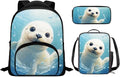 Kids 3 in 1 School Bag Set Sea Otter School Backpacks 12 Inch Schoolbag for Elementary Kindergarten School Animal Print Bookbag with Lunch Box and Pencil Case