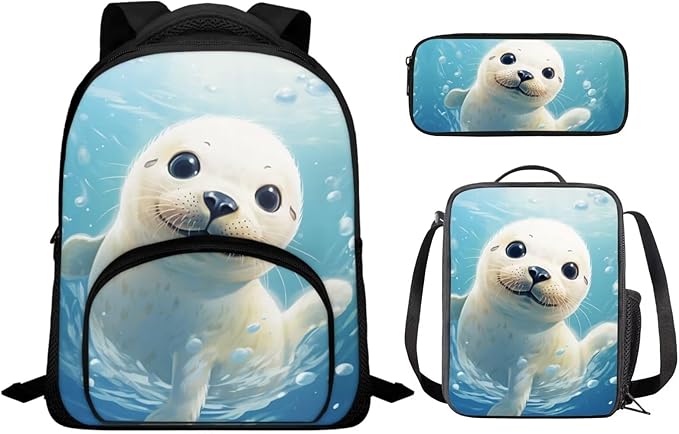 Kids 3 in 1 School Bag Set Sea Otter School Backpacks 12 Inch Schoolbag for Elementary Kindergarten School Animal Print Bookbag with Lunch Box and Pencil Case