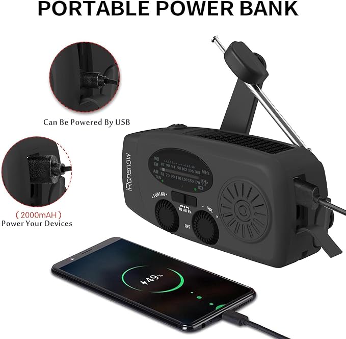 Solar Emergency Hand Crank Weather Radio, Portable Self Powered NOAA AM/FM Radios with SOS Alarm LED Flashlight 2000mAh Smart Phone USB Charger for Camping (Black)