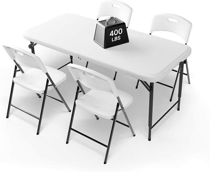 4FT Folding Table Set with 4 Chairs – Heavy-Duty 400 lbs Table & 600 lbs Chair Capacity, Portable Foldable Table & Chair Set for Camping, Parties, Indoor & Outdoor Use