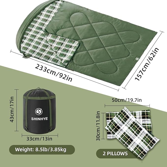 ShinHye Double Sleeping Bag for Adults with 2 Pillows, Camping Sleeping Bags Flannel Cotton 2 Person Sleeping Bags XXL Queen Size Sleeping Bag for Cold Weather