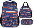 Fire Truck Backpack with Lunch Box Set for Boys, 3 in 1 Kids School Backpacks Matching Combo for Toddler Boy, Durable Truck Patterns Bookbag and Pencil Pouch Bundle for Preschool Elementary