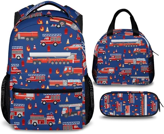 Fire Truck Backpack with Lunch Box Set for Boys, 3 in 1 Kids School Backpacks Matching Combo for Toddler Boy, Durable Truck Patterns Bookbag and Pencil Pouch Bundle for Preschool Elementary