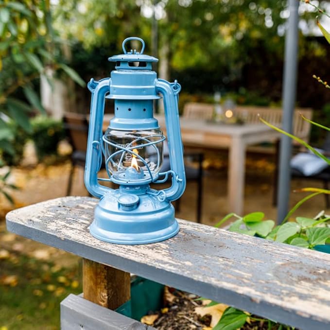 Feuerhand Outdoor Kerosene Fuel Lantern, German Made Weather Resistant Baby Special 276 Galvanized Hurricane Lamp for Camping or Patio, 10 Inches, Pastel Blue