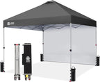 CROWN SHADES 10x10 Pop Up Canopy with 1 Side Wall - Beach Tent with One Push Setup - Outdoor Sun Shade for Events, Parties, Camping - Gazebo with STO-N-Go Cover Bag (Grid Grey)