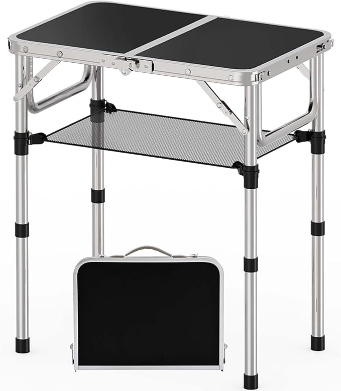 Small Folding Table, Aluminum 24" x 16" Adjustable Height Max 27.5" Folding Camping Table with Carrying Handle, Lightweight, Portable Camp Table for Outdoor Indoor Picnic Beach, Black