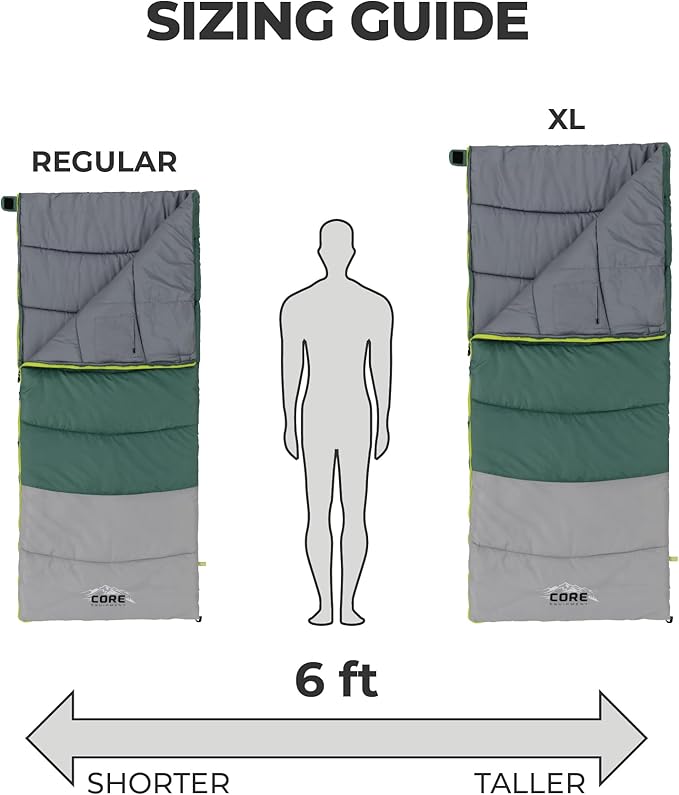 CORE Sleeping Bags for Adults | Lightweight & Compact | Perfect for Indoor or Outdoor Use, Camping, Backpacking, Hiking, & Sleepovers | Ideal for Warm & Cooler 3 Season Weather