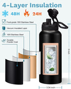 BENZZO Insulated Water Bottle 32/40/64 oz Keep Cold-48h Hot-24h, Water Bottles with Straw & Spout Lids, Carrier Pouch & Paracord Handle, Sports Workout Water Bottle Jug for Men Women