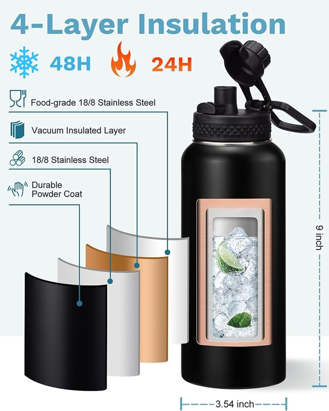 BENZZO 32oz Insulated Water Bottle with Straw & Spout Lids, Paracord Handle, Bottle Sleeve, Silicone Boot, Thermal Metal Jug Keep Cold 48H & Hot 24H, Hydro Bottle for Travel Work Camping