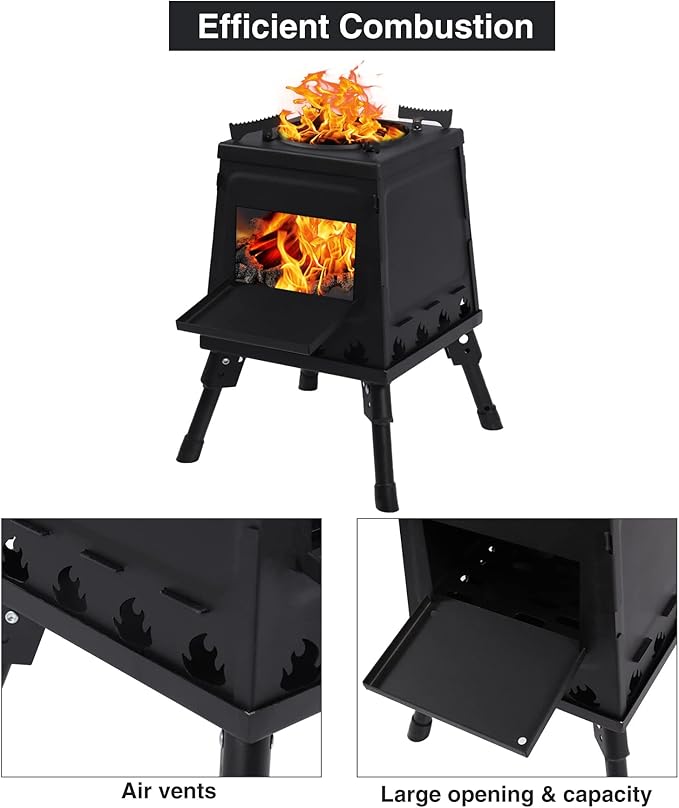 Lineslife Wood Burning Camp Stove, Portable Cast Iron Camping Wood Stove, Black Woodstove with Carrying Case for Backpacking Outdoor Cooking