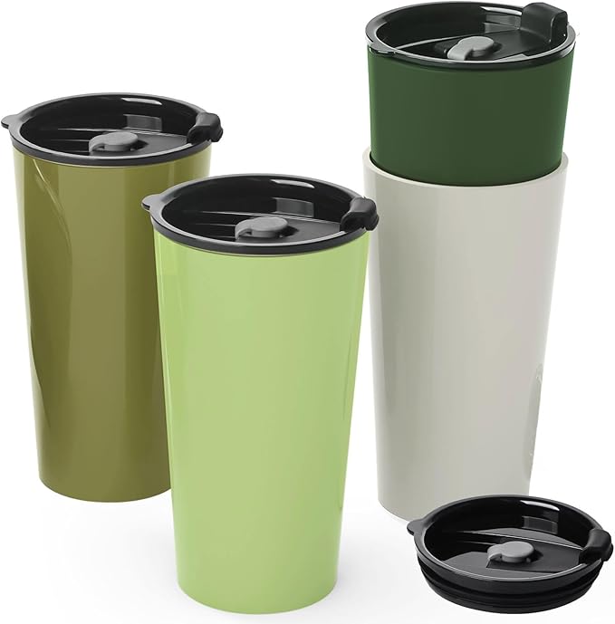 4 Pack Plastic Travel Coffee Mug Set, 20 oz Spill Proof Drinking Cups with Lids, Pobtable to Go Camping Coffee Tumbler Reusable Coffee Mugs with Lids, Dishwasher & Microwave Safe