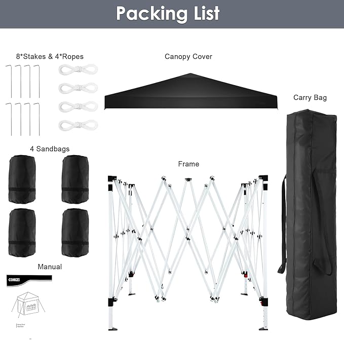 COBIZI Canopy 10x10 Pop Up Canopy Tent Party Tents for Parties Weddings Backyard Waterproof Canopy Outdoor Commercial Canopy Event Tent with Stakes, Ropes, Sandbags, Black
