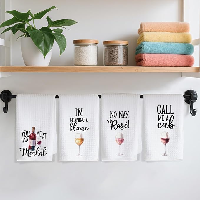 4Pcs Funny Wine Kitchen Towels 24x14 Inch, Merlot Cab Alcohol Decor Waffle Weave Hand Towels for Kitchen Bar, White Absorbent Microfiber Dish Cloth Tea Towel, Housewarming Gifts for Women Hostess