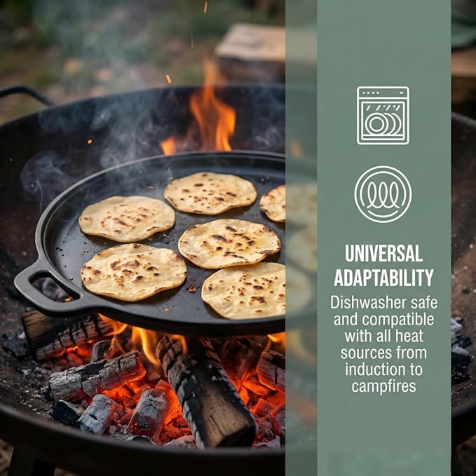 12" Nonstick Cast Iron Griddle Pan -Comals Para Tortillas, Dishwasher Safe&Pre-Seasoned Round Skillet with Handles for Stove Top, Oven, Grill & Camping –Versatile Flat Top for Pancakes&Meats