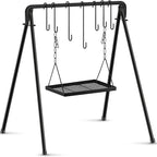 Campfire Swing Grill Stand Adjustable Campfire Cooking Equipment Camping Accessories Cookware Hanging Rack with 8 Hooks and Portable Grill Stand for BBQ Picnic Outdoor Party