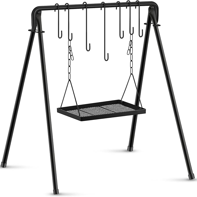 Campfire Swing Grill Stand Adjustable Campfire Cooking Equipment Camping Accessories Cookware Hanging Rack with 8 Hooks and Portable Grill Stand for BBQ Picnic Outdoor Party