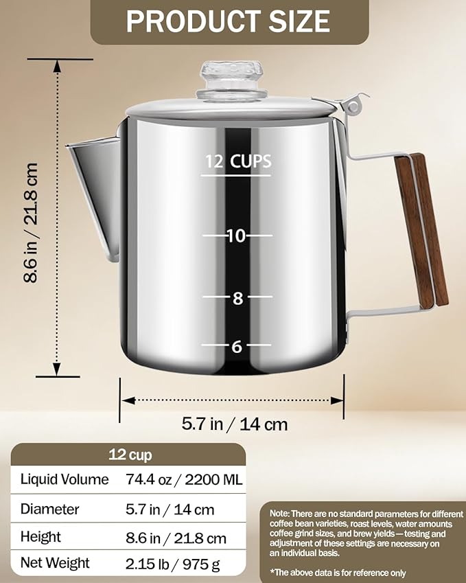 Coffee Maker Coffee Percolator 304 Stainless Steel Pot Stovetop Easy Brewing Even Heating 12 Cup 74.4oz 2200ml Silver Classic Design Heat Resistant Home Camping Outdoor