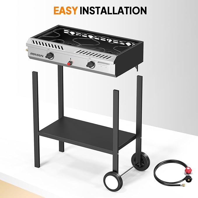 ROVSUN 2 Burner Propane Stove with Auto Ignition, 150,000 BTU Gas Stove with Storage Shelf, Rolling Wheels & Regulator for Home Outdoor Backyard Camping Cooking Frying Brewing Canning