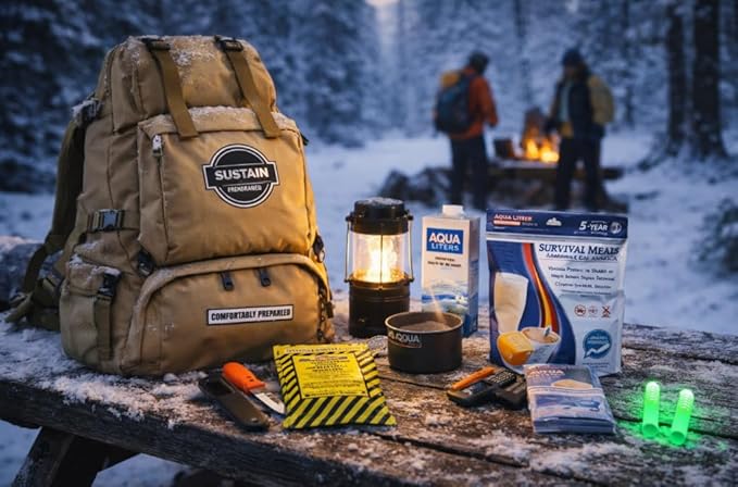 Sustain Supply 4-Person Emergency Comfort Kit – 72-Hour Survival Backpack w/Long-Shelf Food & Water, First Aid, Lighting, Tools & Emergency Supplies for Disaster Preparedness