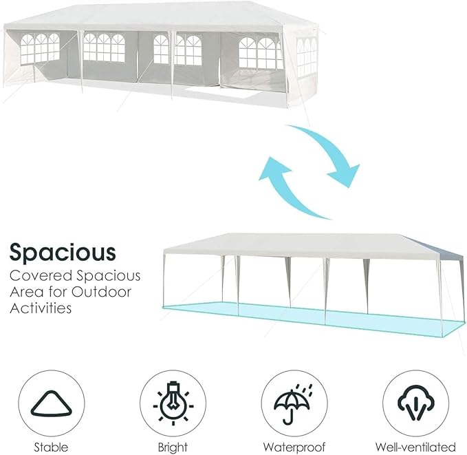 Tangkula 10x30 Ft Canopy Tent, Heavy Duty Party Tent with 5 Removable Sidewalls, Wind Ropes, Ground Stakes, Outdoor White Wedding Tents for Parties, Events, Backyard