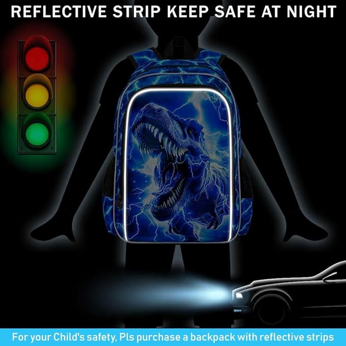 17" Dinosaur Backpack for Boy, 3Pcs Lightning Bookbag for Elementary Preschool Kindergarten, Kids School Backpacks with Lunch Box (Blue)
