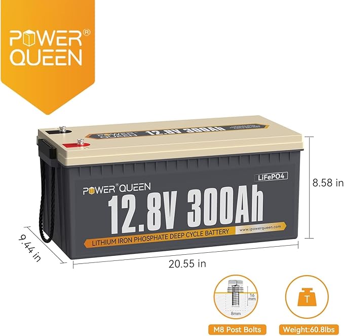 Power Queen 12V 300Ah Lithium Battery, 3840Wh LiFePO4 Battery with 2560W Power Output, Up to 15000+ Deep Cycles, BMS Protections for Solar, RV Motorhome, Marine, Off-Grid