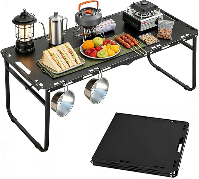 SoloWilder Foldable Camping Table with Gas Struts 3'5" Carbon Steel Large Outdoor Portable Table 11.8lb for Hiking, BBQ, Picnic