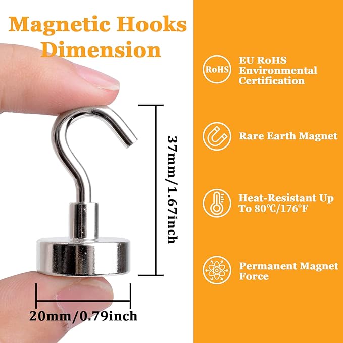 MIN CI Magnetic Hooks Heavy Duty, 35lb+ Strong Magnetic Wall Hooks for Hanging, Neodymium Metal Magnets with Hooks Large Magnetic Hooks, for Classroom Cruise Fridge Kitchen, Pack of 12