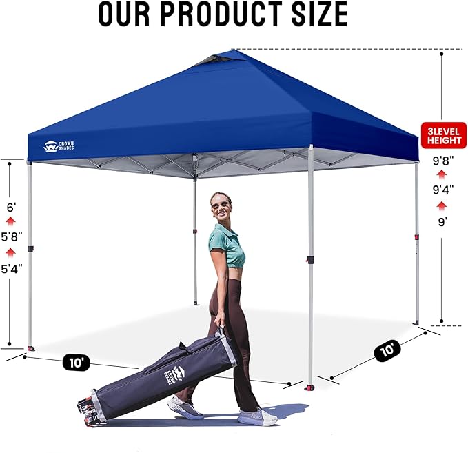 CROWN SHADES 10x10 Pop Up Canopy - Beach Tent with One Push Setup - Easy Outdoor Sun Shade for Events, Parties, Camping - Gazebo with STO-N-Go Cover Bag, Silver Coated Top, Navy Blue