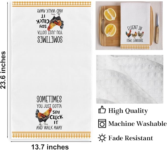 2Pcs Funny Kitchen Towels 24x14 Inch, Rooster Chicken Kitchen Decor Waffle Weave Hand Towels for Farmhouse, White Absorbent Microfiber Dish Cloth Tea Towel Chicken Gifts for Women Mom 3