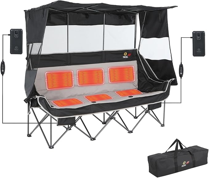 Nice C Heated 3 Person Camping Chair with Canopy, Heated Double Camping Chairs with Battery, Portable Oversized Padded Sports Umbrella Chair with Shade, Cup Holder, Cooler Bag, for Lawn Outdoors