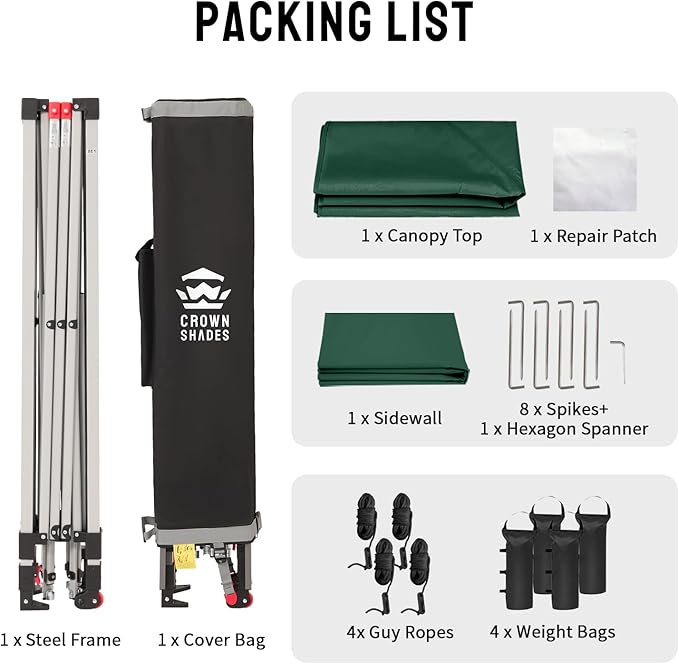 CROWN SHADES 12x12 Pop Up Canopy Tent Instant Commercial with 150D Silver Coated Fabric Including 1 Removable Sidewall, 4 Ropes, 8 Stakes, Weight Bags, STO 'N Go Bag, Forest Green