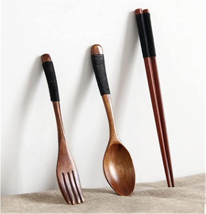 Portable Flatware Sets Wooden Cutlery Sets Outdoor Camping Travel Picnic Tableware Dinnerware Spoon Fork Chopsticks Mixed Cutlery Sets with Cloth Bag