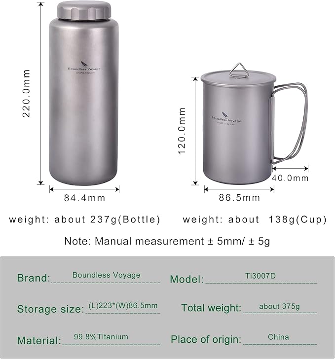 iBasingo 1050ml Titanium Bottle with 600ml Nesting Cup Outdoor Camping Single Layer Wide Mouth Cookware Lightweight Portable Bottle Mug Set Hiking Picnic Solo Cooking Mess Kit Ti3007D