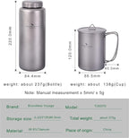 iBasingo 1050ml Titanium Bottle with 600ml Nesting Cup Outdoor Camping Single Layer Wide Mouth Cookware Lightweight Portable Bottle Mug Set Hiking Picnic Solo Cooking Mess Kit Ti3007D