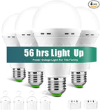 Emergency-Rechargeable Light Bulb with Hook,Stay Lights Up When Power Failure, 1500mAh 12W 60W Equivalent LED Light Bulbs for Home, Camping, Hiking(E27, with Hook,with Plug Cap) 4 Pack