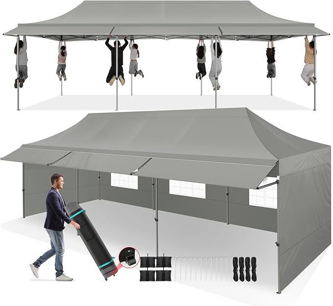 COBIZI 10x30 Pop Up Canopy Tent with Awning,Heavy Duty Canopy UPF 50+ All Season Wind Waterproof Commercial Outdoor Street Vendors Party Tents for Parties Canopy with Roller Bag(10 x 30 ft Gray)