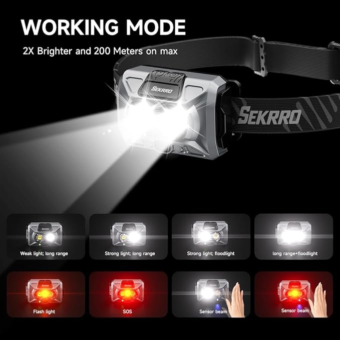 F8 Headlamp Rechargeable, 800 Lumen Super Bright LED Head Lamp, IP67 Waterproof with Motion Sensor and Red Light, AAA Battery Compatible for Work, Camping, Hiking, Running