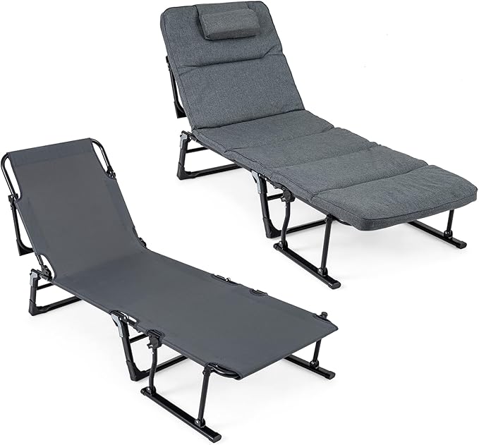 Giantex Folding Patio Lounge Chair with 6-Level Adjustable Backrest, Outdoor Foldable Bed with Detachable Cushion and Armrest, Head Pillow, Portable Camping Cot for Yard, Bench, Office, Home (2)