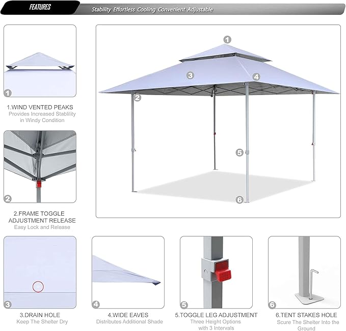 ABCCANOPY 13x13 Pop Up Canopy with Double Ventilated Top, 4 Sandbags, 4 Ropes and 8 Stakes (White)