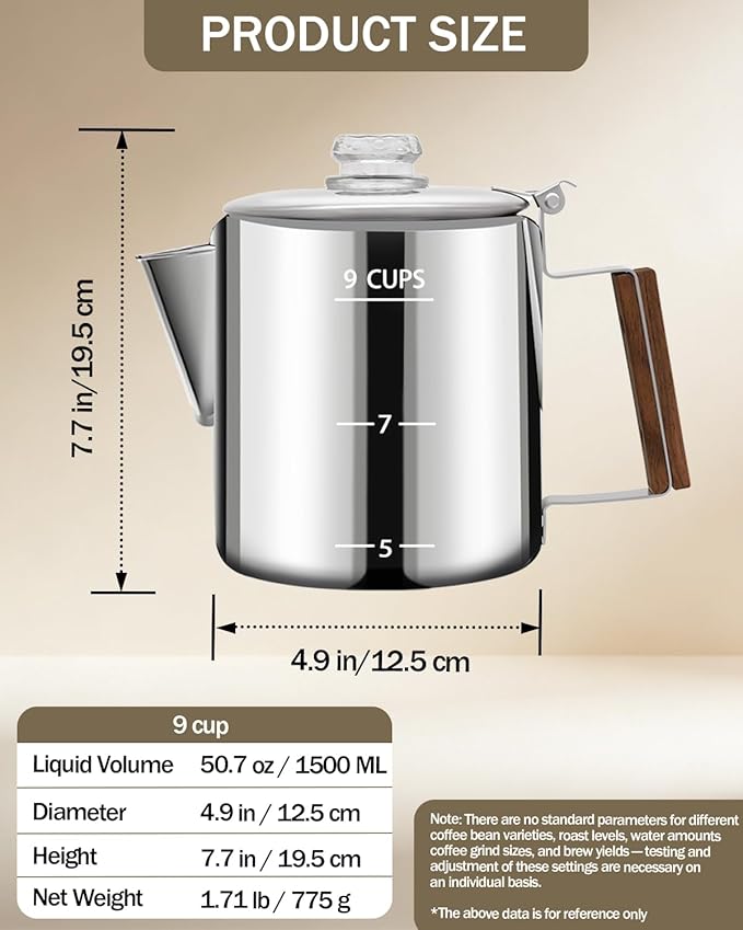 Coffee Maker Coffee Percolator 304 Stainless Steel Pot Stovetop Easy Brewing Even Heating 9 Cup 50.7oz 1500ml Silver Classic Design Heat Resistant Home Camping Outdoor