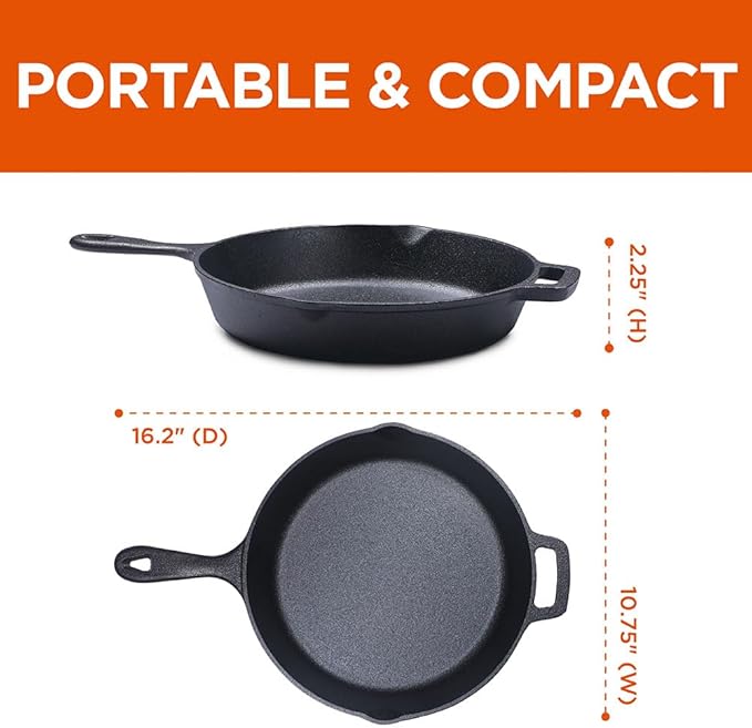 Commercial CHEF 10.25-Inch Cast Iron Skillet, Pre-Seasoned Cast Iron, Integrated Hanging Hole in Handle, Works on All Cooktops Including Induction, Outdoor Skillet for Campfires or Grills, CHFS1025