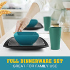 Teivio 16-piece Plastic Wheat Straw Square Dinnerware Set for 4, Unbreakable Dinner Plates, Salad Plates, Snack Bowls, Tumblers 13.5 oz, Dishwasher Safe, Coastal Multicolor