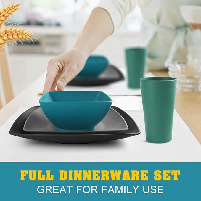 Teivio 16-piece Plastic Wheat Straw Square Dinnerware Set for 4, Unbreakable Dinner Plates, Salad Plates, Snack Bowls, Tumblers 13.5 oz, Dishwasher Safe, Coastal Multicolor
