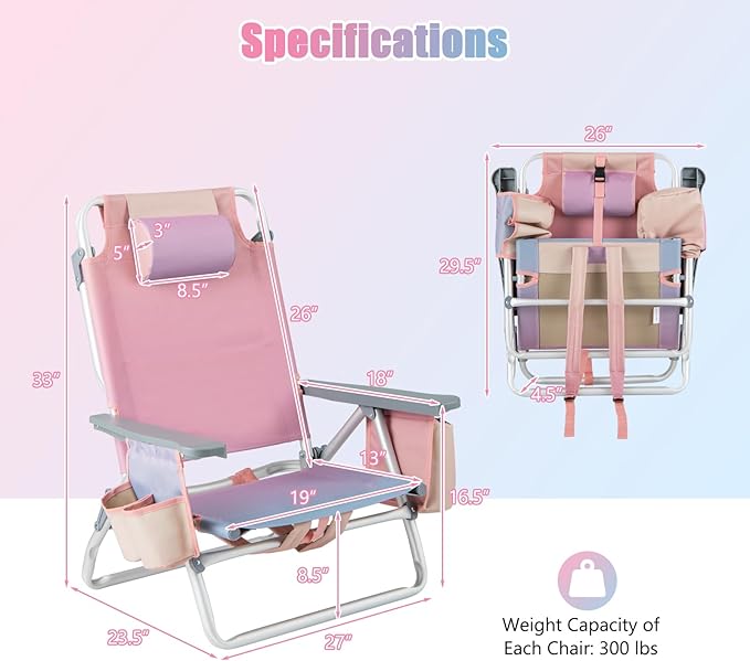 GYMAX Beach Chairs, Backpack Camping Chair with Armrest, Cooler Bag, Cup Holder, Towel Bar & Side Pockets, Sunbath Sling Tanning Lounge, Folding Layout Chair (Without Table, Pink)