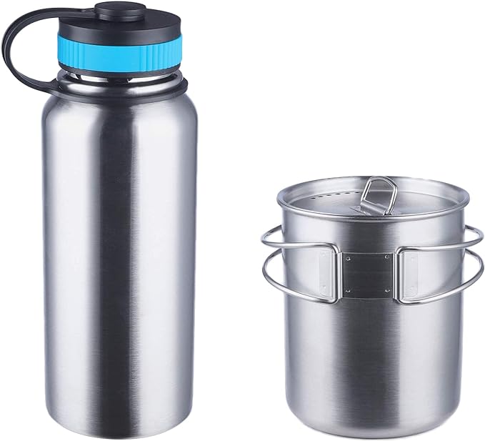 Canteen Stainless Steel Water Bottle with Nested Camping Cup and Lid for Bug Out Bag, Bushcraft Gear, Metal Canteen with a Wide Mouth Water Bottle and Mess Kit