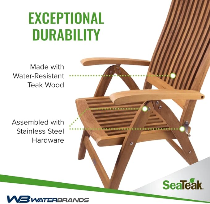 SeaTeak Weatherly Teak Folding Chair - 6-Position Foldable Chair - Weatherproof, Portable Teak Armchair for Boat Deck, Patio, Camping, Outdoors